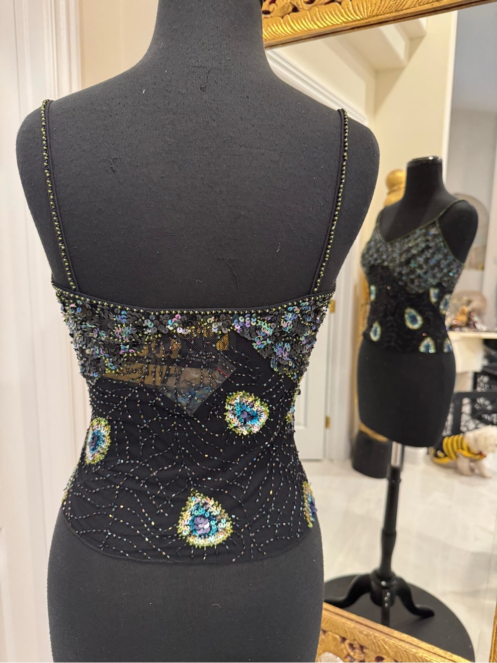 Black Beaded & hand beaded Sequin Peacock Motif Cami Top stretch - Picture 4 of 6